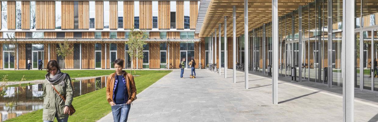 Studenti che camminano fuori dall'edificio